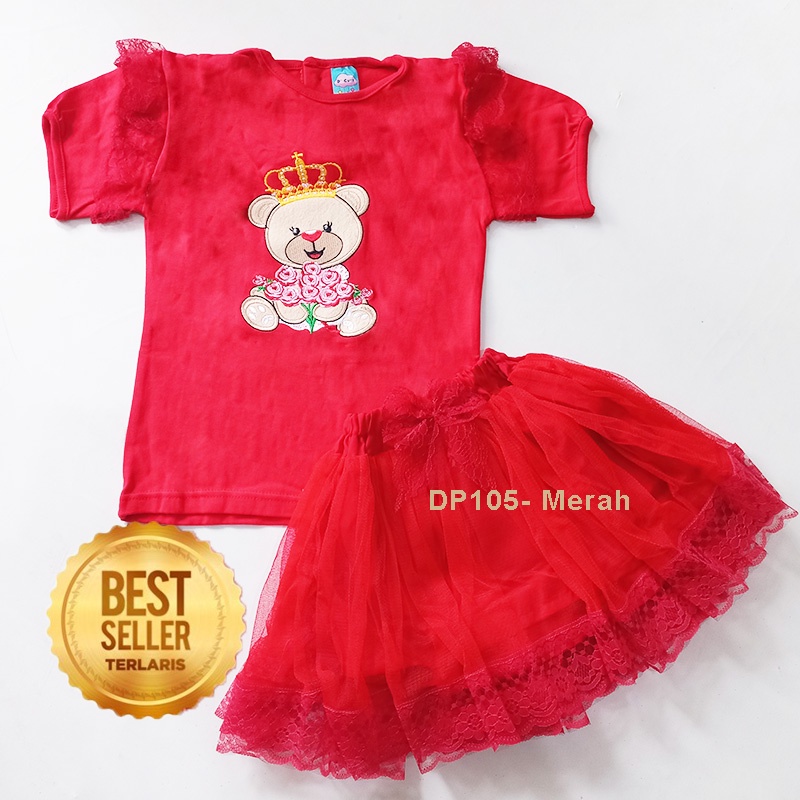 Setelan Rok Anak Perempuan Import 1 Tahun Motif Teddy Bear Beruang Lucu Setelan Rok Tutu Anak Perempuan Import 2 3 Tahun Rok Tutu Bayi Rok Megar Tile Kaku DP105