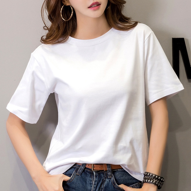 Putih Pure classic Kerah Bulat Lengan Pendek Kaos/Putih Korean Lengan Pendek T-shirt（realpict）