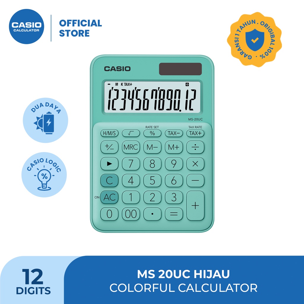 

CASIO MS-20UC - Hijau - Kalkulator Kantor - Seri Colorful - 12 digit