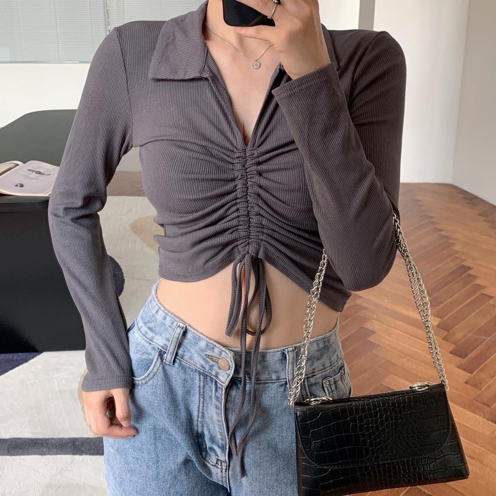 impor crop top pendek pinggang tinggi bottoming prancis v-neck serut sweater rajutan lengan panjang