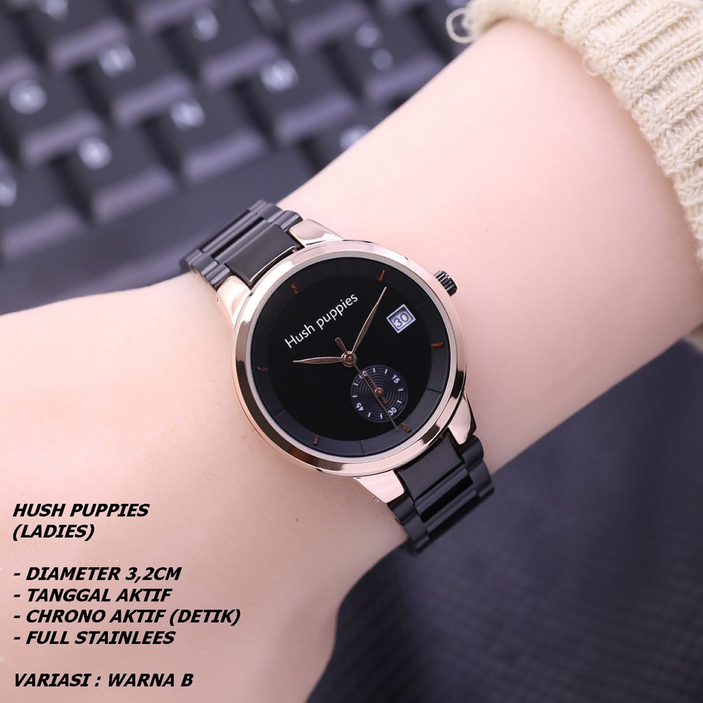 (BISA COD) JAM TANGAN WANITA HUSH PUPPIES H-0109 RANTAI BODY BULAT TANGGAL &amp; CHRONO AKTIF