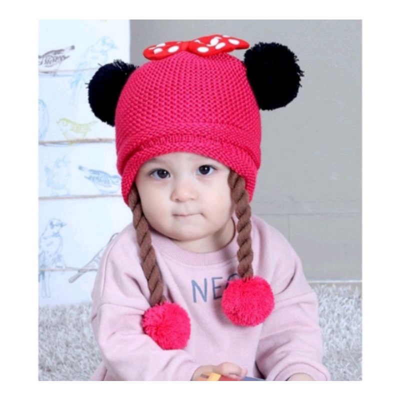 Topi Rajut kepang anak model Mikey pita