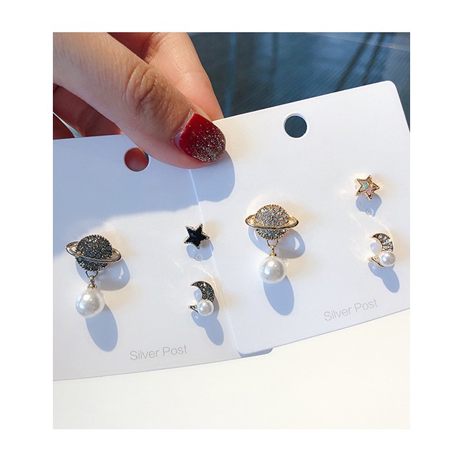 LRC Anting Tusuk Fashion Diamond 925 Silver Needle Full Diamond Moon Star Studs Three-piece F4827X