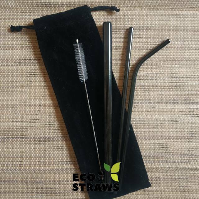 Paket Sedotan Stainless Steel Straw Dan Sikat Sedotan Free Pouch Hitam