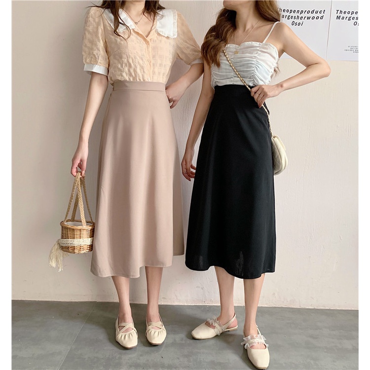 COD New 2022 Fashion Korea Women Black Apricot Blue Midi Skirts The New perangai Pinggang tinggi Tipis Padat warna mid-length ayunan besar rok A-line