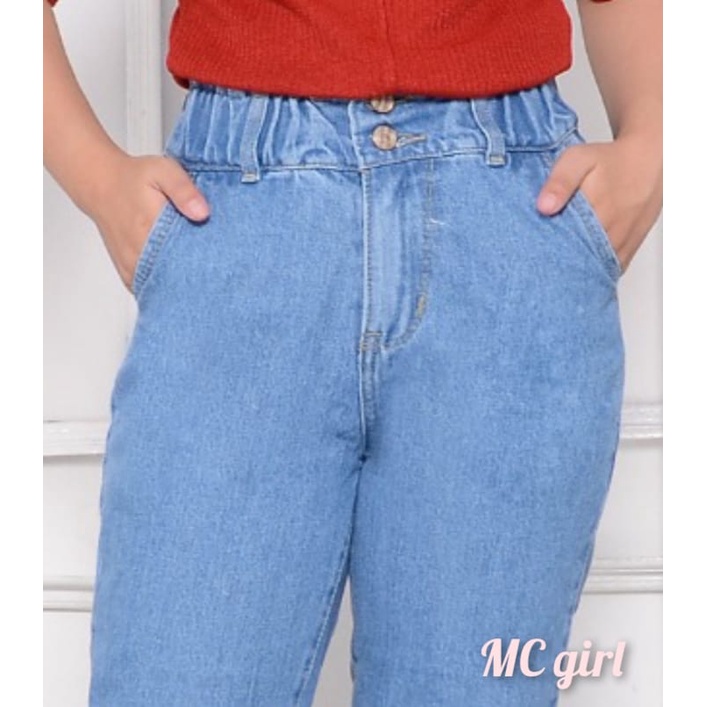 ( Size 24 - 26 ) MC girl - Celana Jeans Boyfriend Pinggang Karet Anak Perempuan / Boyfren Kancing Dua Anak Tanggung / Boifren Panjang Lepis Kancing 2 Anak Remaja