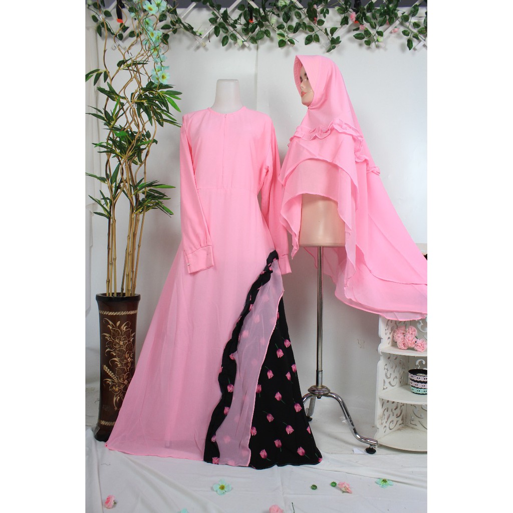 GAMIS SET KHIMAR ceruty babydoll motif LAYLA muslim wanita terbaru lebaran