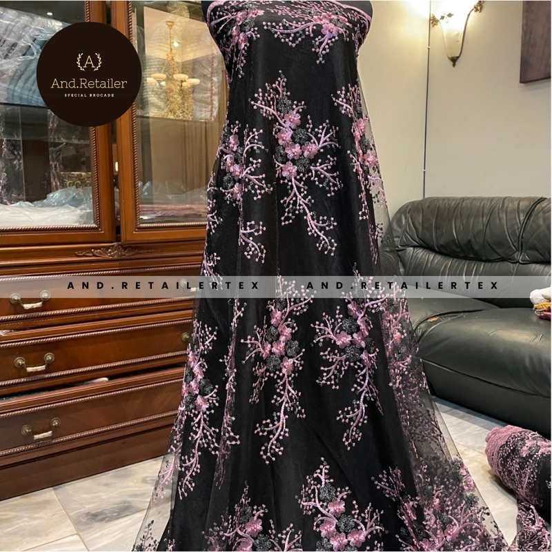 Bahan Kebaya Mewah Brokat Hitam Embroidery Stone Mutiara Athena 2 tone Dusty Pink