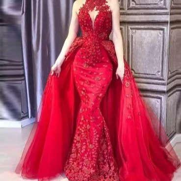 Gaun Malam Mermaid Merah Mewah/ gaun merah dengan ekor  cantik berkilau  wedding gown mewah / pesta/