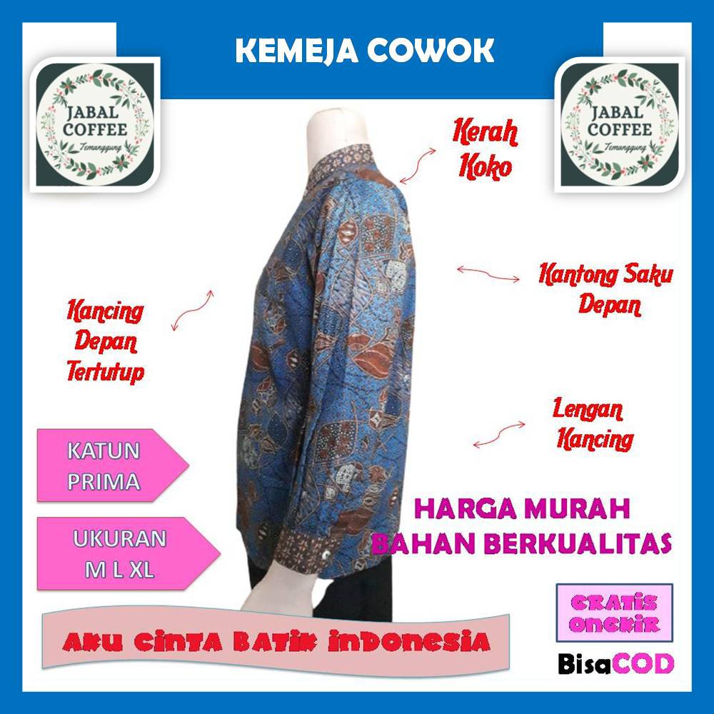 Baju Atasan Batik Katun Prima Pria Dewasa M L XL XXL / Atasan Panjang Pendek Kemeja Hem Batik J22