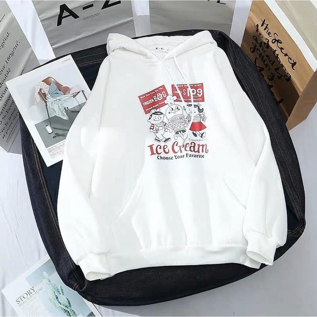 Ice Cream Vintage Hoodie Wanita Korean Style Bahan Flacee