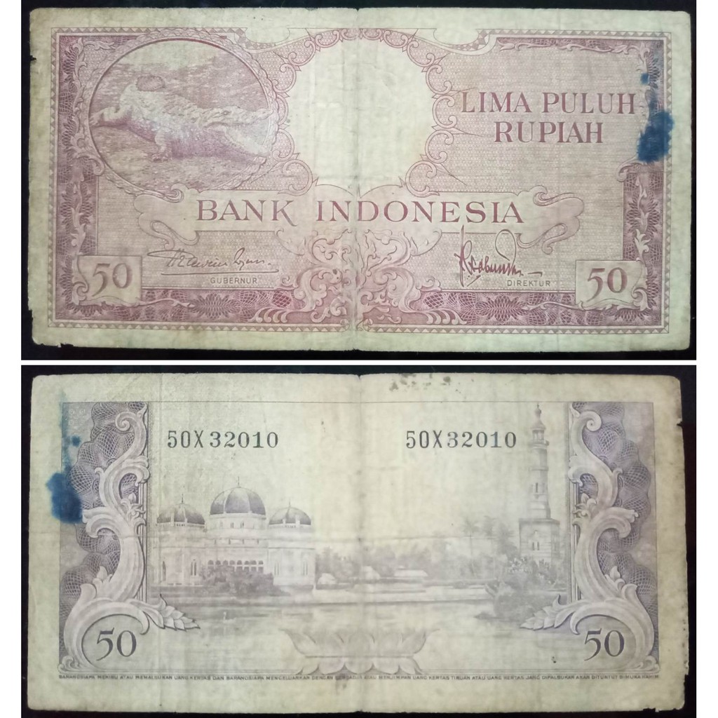 Uang Kuno 50 Rupiah Tahun 1957 Seri Hewan (Buaya) Prefik Satu Huruf "X"