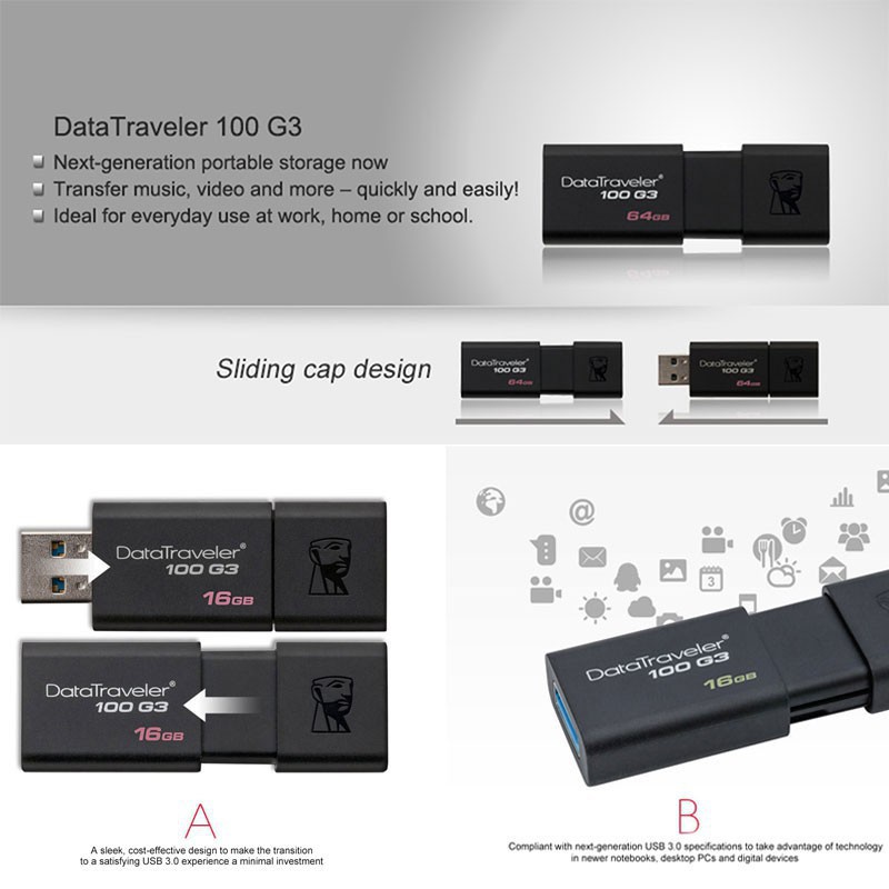 Kingston DataTraveler 100 G3 dt100g3 USB 3.0 Flash Drive (16GB / 32GB / 64GB / 128GB)