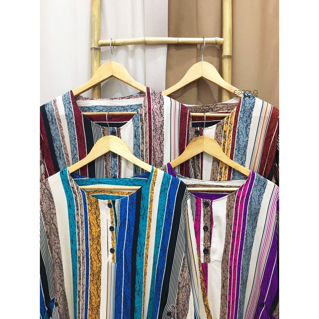 Ezpata Atasan Wanita Jumbo Bigsize Bahan Rayon Motif Stripe Garis Kancing Depan Busui Friendly LD 130cm BB 65-90kg