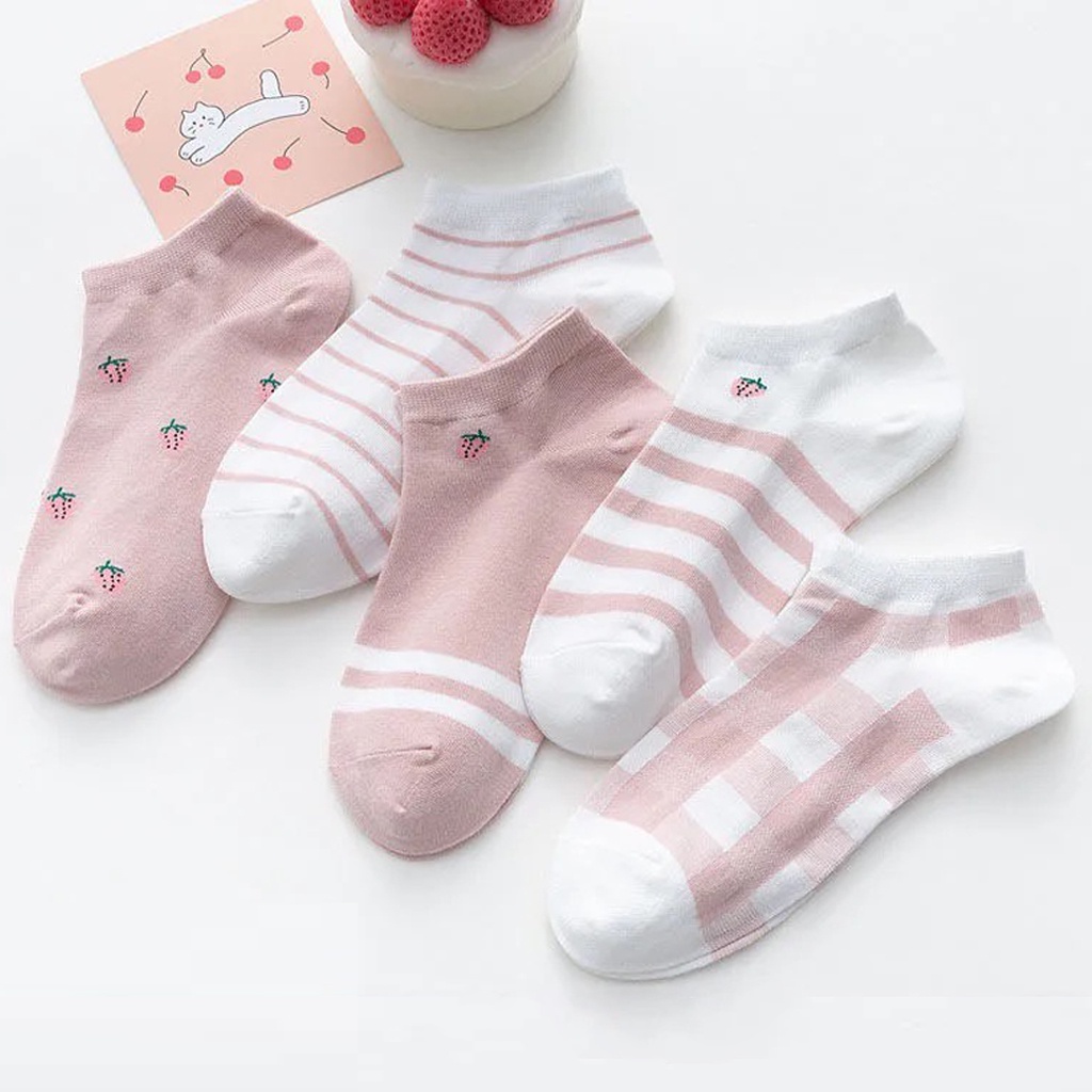 ❤GTB❤ Kaos Kaki Wanita Motif Kotak Pink Strawberry Fashion Korea Women Sock Import R601