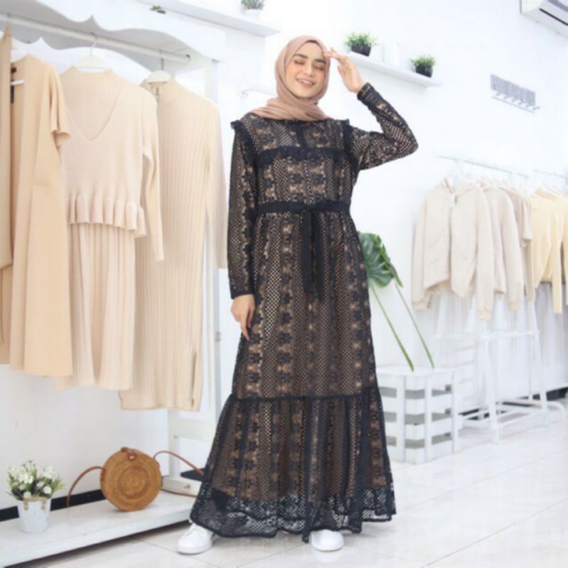 SHR GAMIS Wanita BRUKAT Shabby Warna Hitam/Dress Brukat Partty Full Furing Ala ShellaSaukia Import R