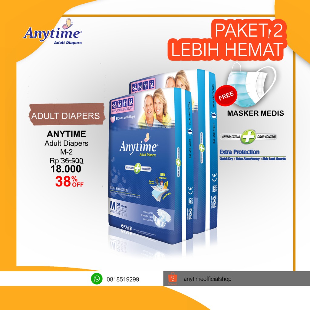 

Anytime Popok Dewasa / Adult Diapers M2 & L2 - Paket 2 Bags