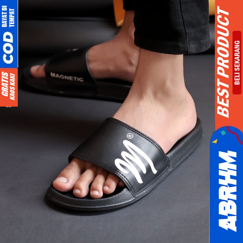 ABRHM x ARBEN Sandal Slide Pria Kulit Pu Sandal Slop Pria Ori Distro Sendal Selop Cowok / Cowo Keren