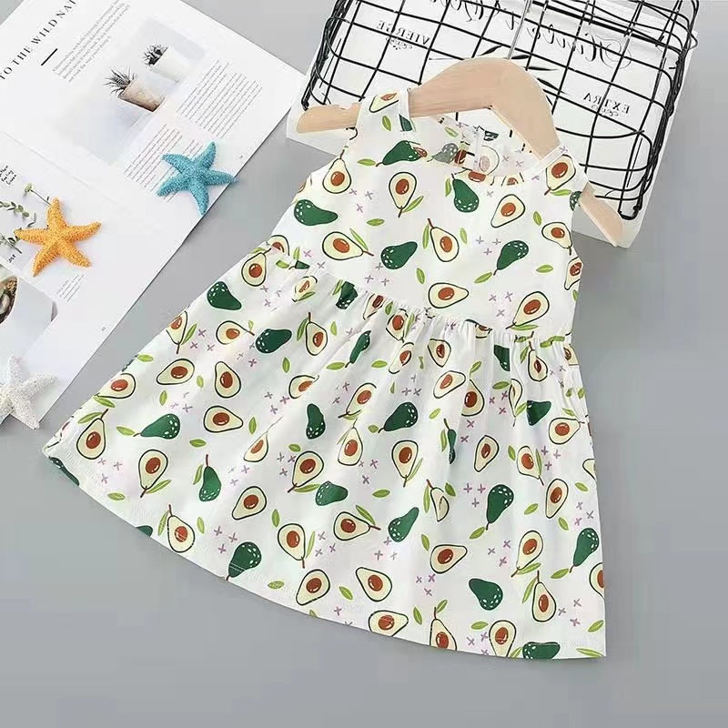KF CAT Dress Anak Perempuan Import / Printed Dress Anak Cewek /Gaun Anak Bahan Katun Gaya Kasual Untuk Usia 3bulan - 3 tahun-Avocado