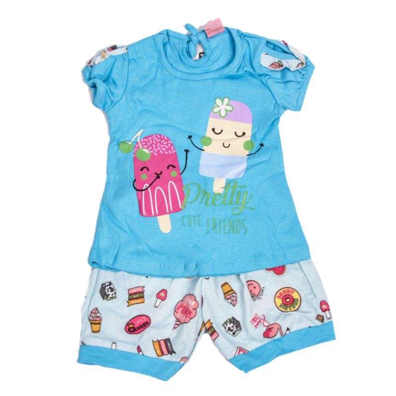 SETELAN FASHION BAJU KAOS ANAK PEREMPUAN MOTIF ICE CREAM 1-2 TAHUN WARNA PINK FANTA BIRU