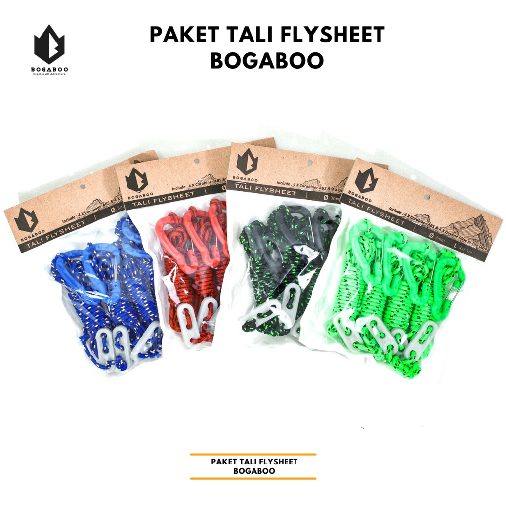 Paket tali flysheet BOGABOO - karabiner abs - guyline glow in the dark - tali perusik 3 MM  - paket tali tenda - paket tali tiang flysheet - bivak set bogaboo