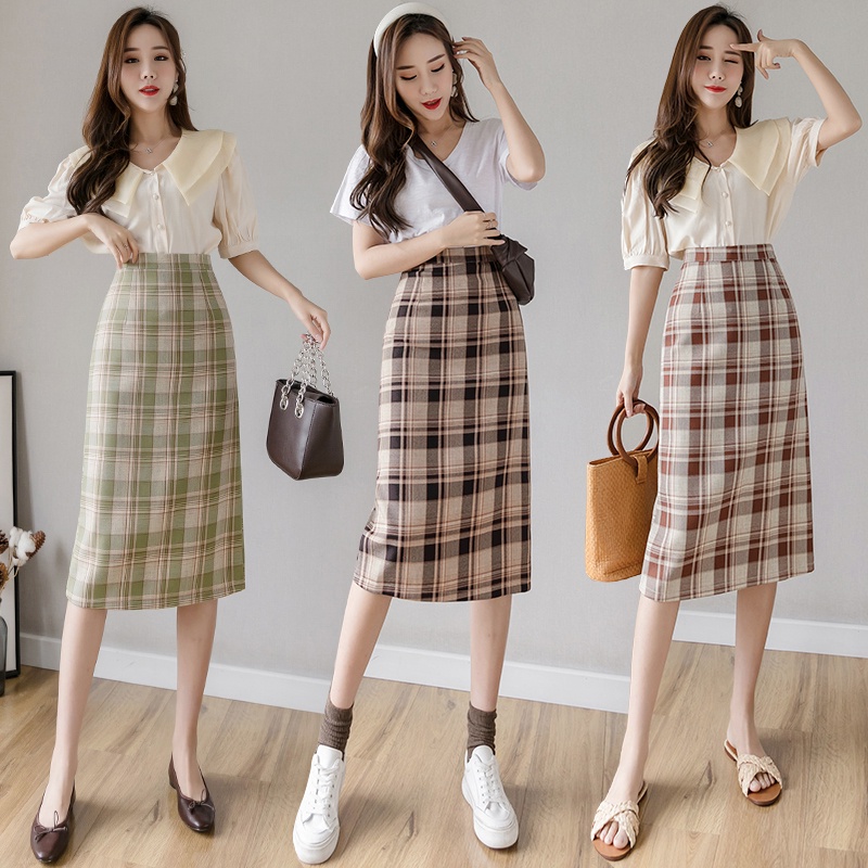 KARAKOREA 822 Flanel Skirt/Midi Skirt/Rok Motif Kotak/Rok Panjang/Square Skirt/Pencil Skirt/Rok Korea Skirt