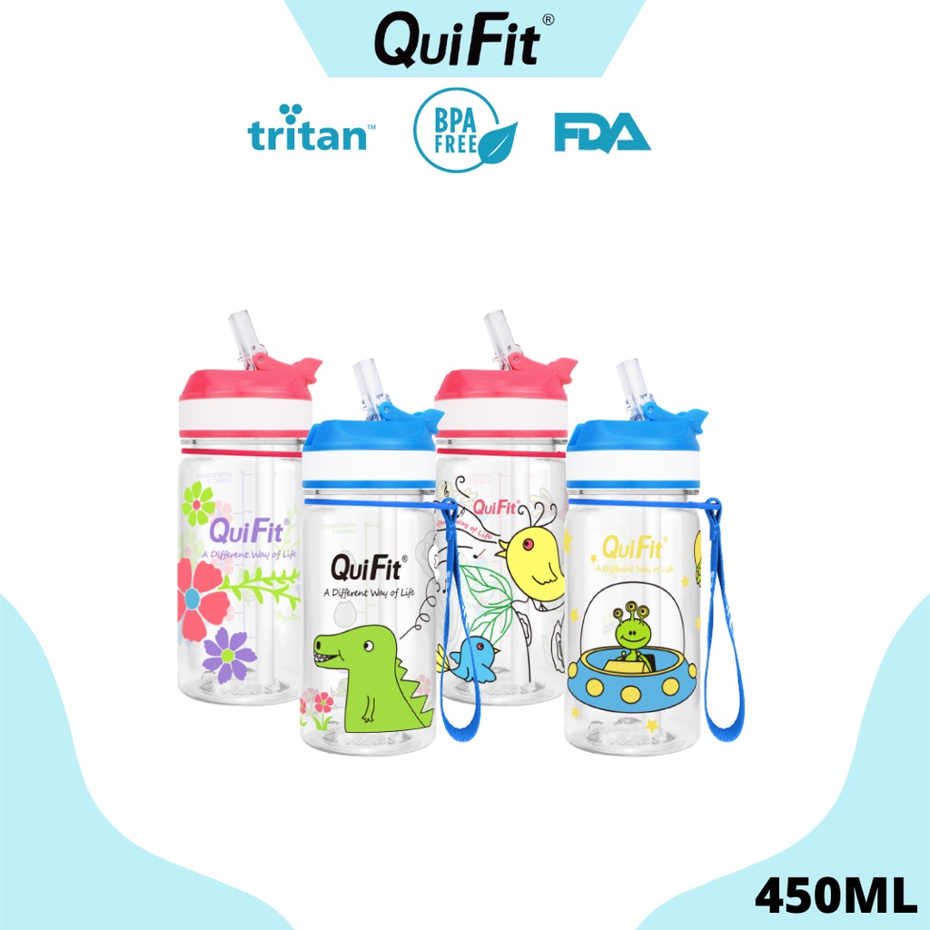 New QUIFIT - [450MLLX] Botol Air Minum Tritan Motivasi Anak 450ML dengan sedotan dan penutup dust