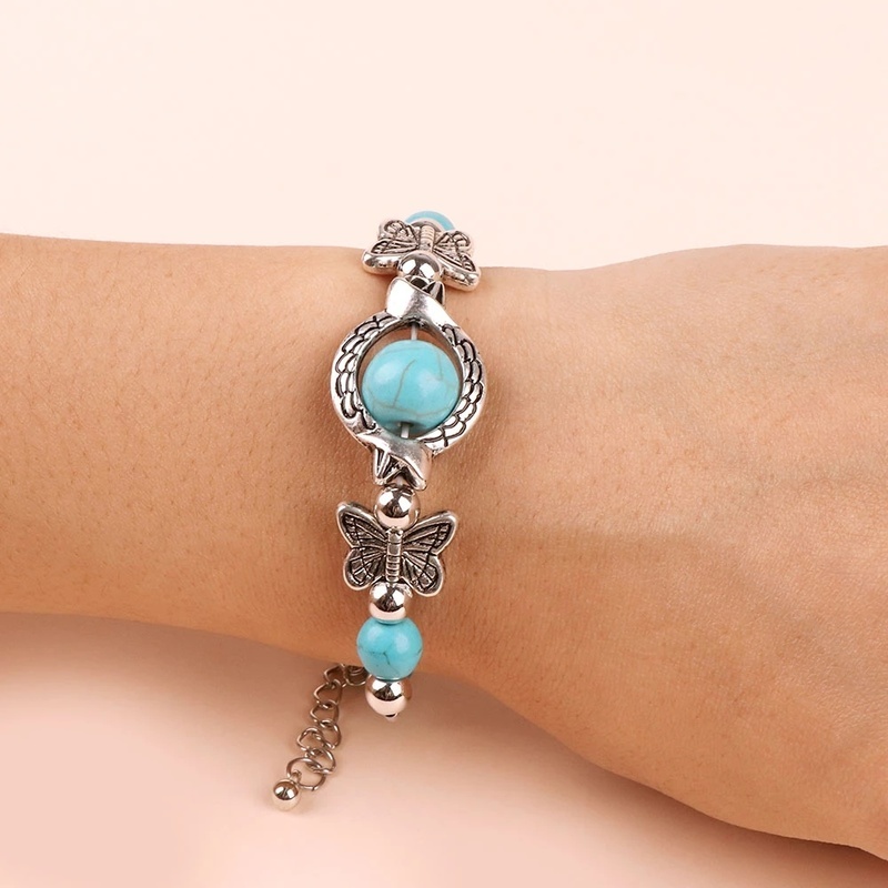 Gelang Rantai Liontin Kupu-Kupu Turquoise Gaya Bohemian Untuk Wanita