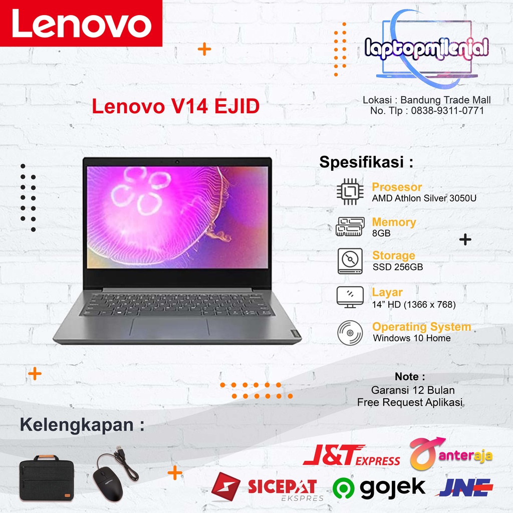 Lenovo V14 EJID AMD Athlon Silver 3050U RAM 8GB SSD 256GB 14&quot; Win 10 Original Bergaransi Resmi