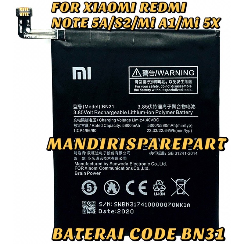 Baterai batre Xiaomi Redmi Note 5A Bn31 Baterai Xiaomi S2-Mi A1 -Mi 5x-Bn31 original