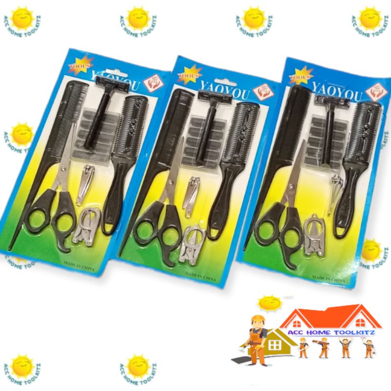 Gunting Potong Rambut Cukur Sisir Sasak Set 7 Pcs Hijau / Zigzag Shaggy Combi + Scissors