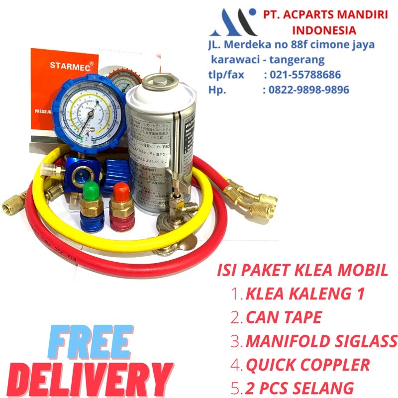 PAKET ISI FREON AC MOBIL SENDIRI FREON R134 KLEA TINGGAL PAKAI ( manifold sighglass )