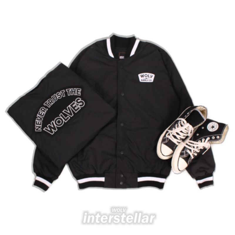 Jaket Baseball Hitam / Jaket Wolv / Baseball Polos / Jaket Bomber Polos