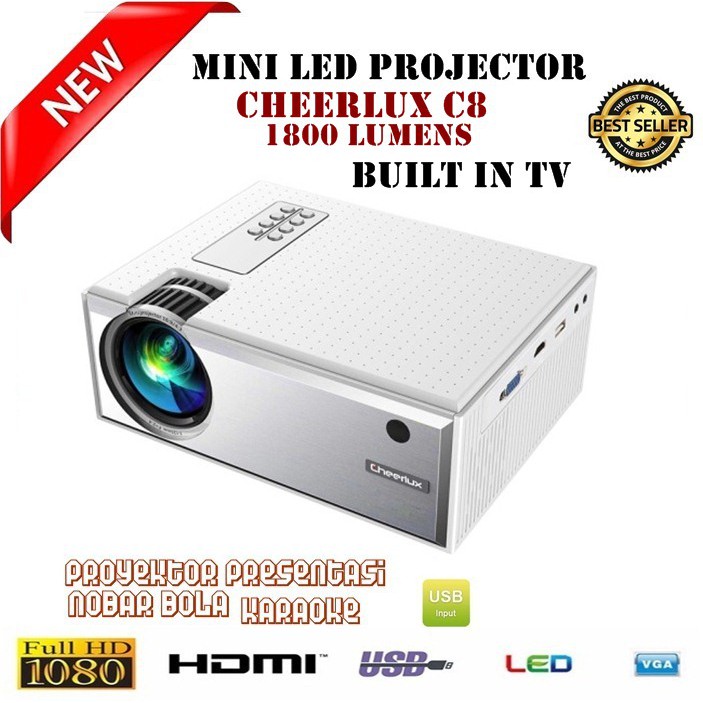Mini Led projector Cheerlux c8 1800 lumens built in tv tuner proyektor infocus infokus nobar bola