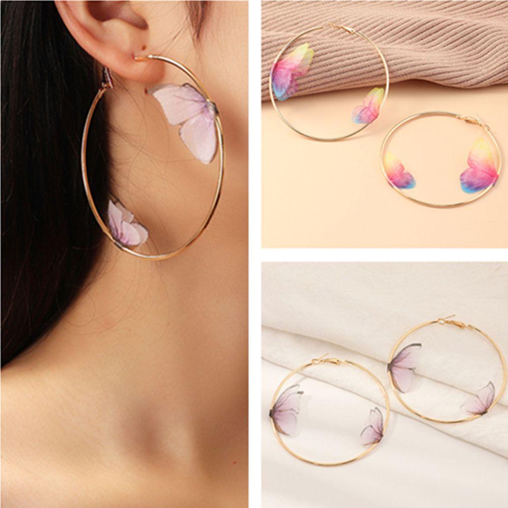 Nanas Ganda Kupu-Kupu Hoop Anting Perhiasan Pesta Ulang Tahun Emas Hoop Lingkaran Besar Indah Wanita Gadis Multicolor