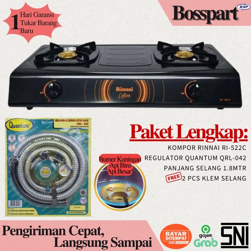 Paket Kompor Gas Rinnai 2 Tungku RI-522C bonus selang regulator Quantum