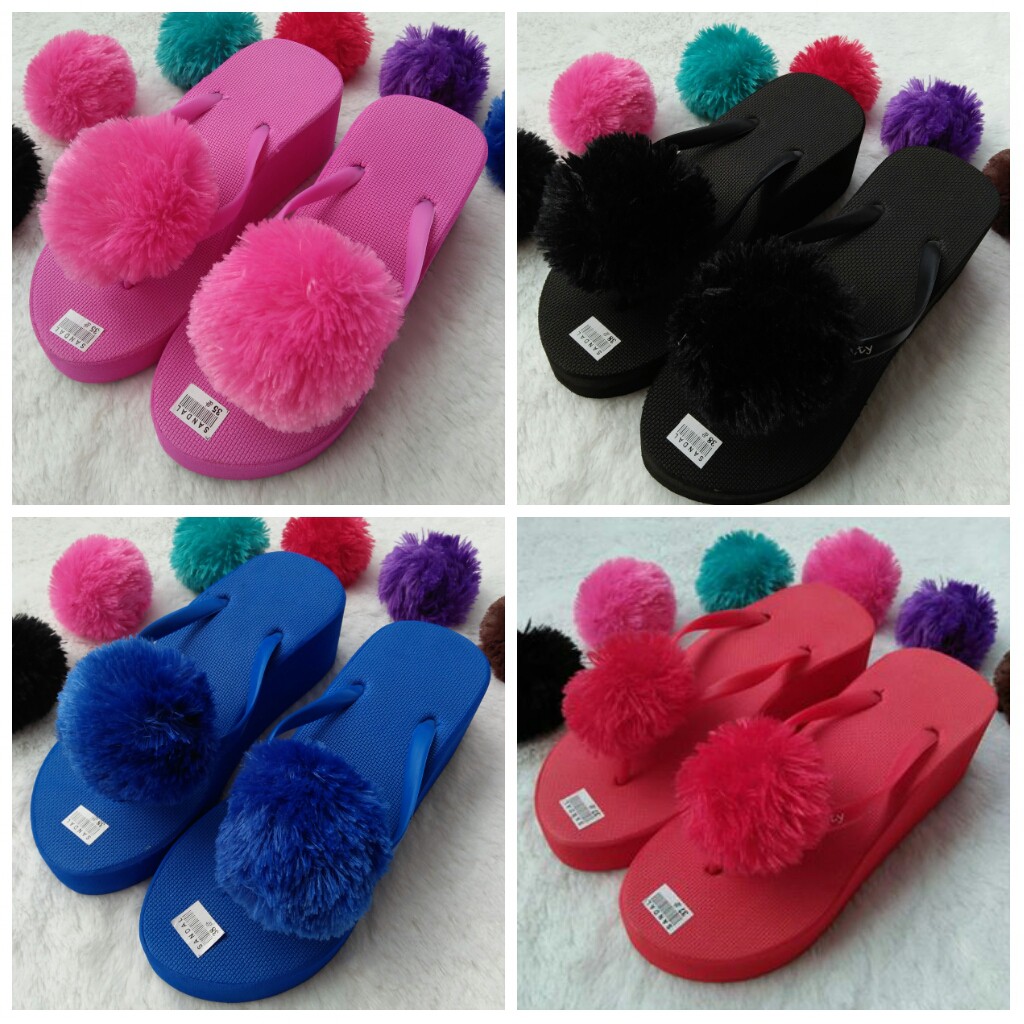 Sandal Wedges Spon dengan POMPOM / BULU / UBUR UBUR