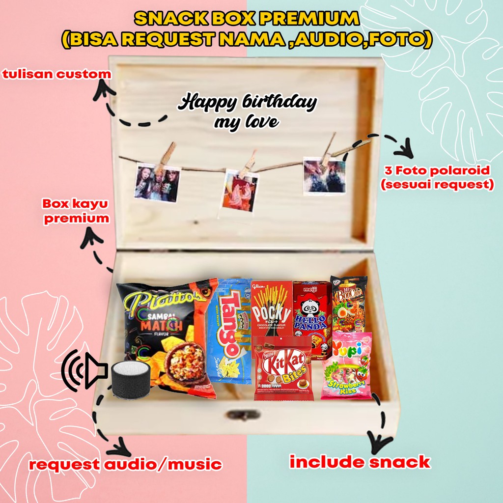 

SNACK BOX PREMIUM ( BOX KAYU BISA DI ISI AUDIO) KADO ULANG TAHUN