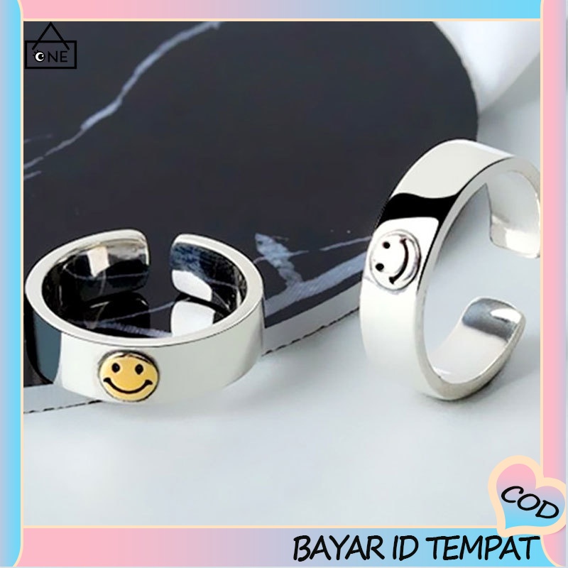 COD❤Cincin Unisex Smiley Korea Aksesoris Cincin Terbuka Multilayer Retro A one