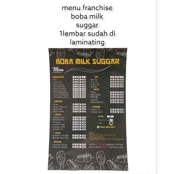 

menu boba milk suggar 1 lembar sudah di laminating