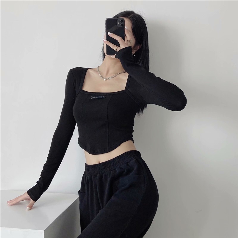 Atasan Wanita Lengan Panjang Crop Top Korean Style Kaos Polos