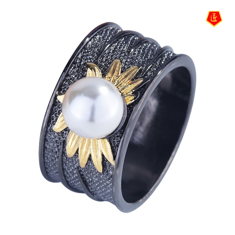 [Ready Stock]Gothic Style Sunflower Pearl Black Gold Ring