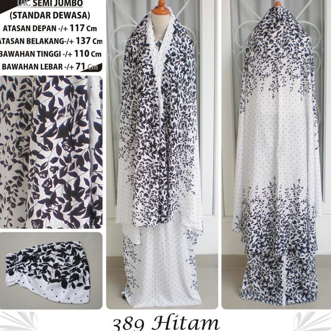 Cuci Gudang  Mukena Bali Katun Rayon Motif Daun Hitam 389 Dasar Putih Semi Jumbo Terbaru
