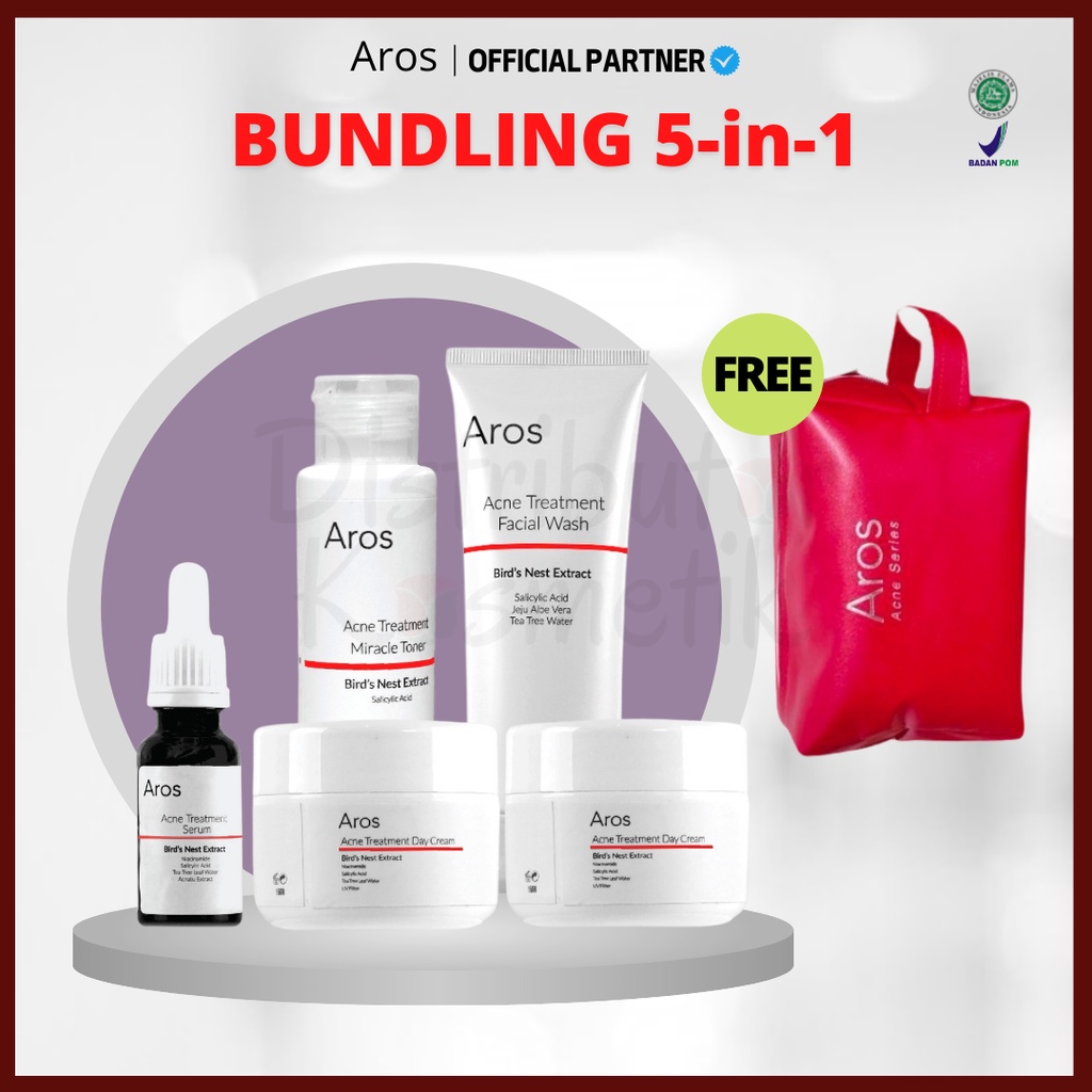 AROS Paket Acne Treatment Serum, Facial Wash, Miracle Toner, Day Cream, Night Cream - Paket Perawatan Wajah BPOM