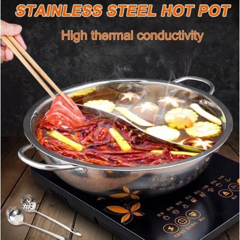 Panci masak rebus shabu 2 sekat premium diameter 28cm tutup kaca hot pot steambot stainless steel