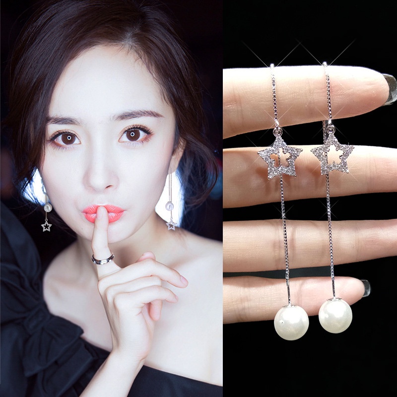 Gaya Korea Dongdaemun rumbai menggantung anting-anting sederhana anggun Pentagram anting-anting berl