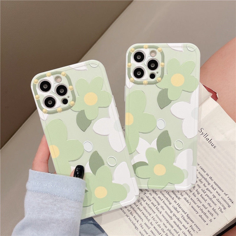 Case Silikon Motif Tiga Bunga Hijau 3d Untuk IPhone 11 12 13 Pro Max X Xs Xr XsMax 7 8 Plus