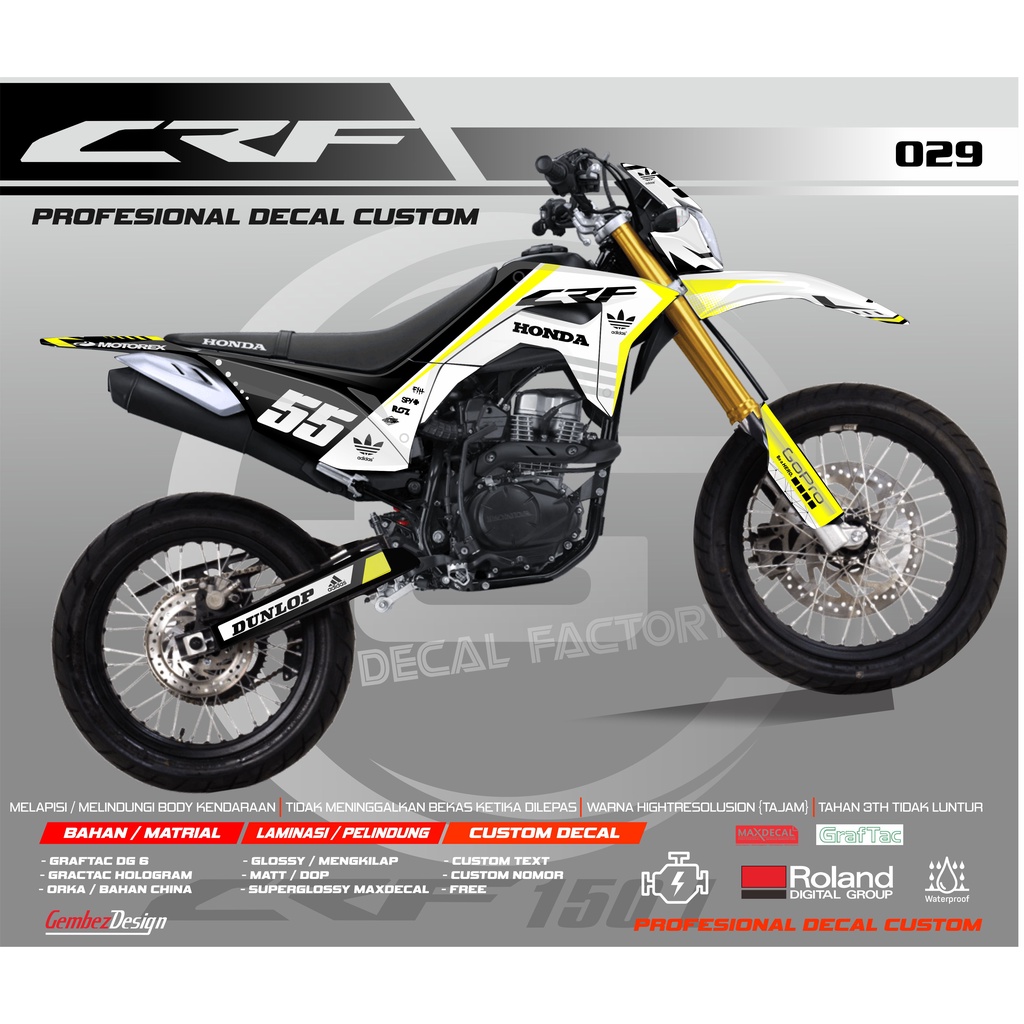 DECAL CRF150L STICKER FULLBODY CRF MOTIF ADIDAS PUTIH KUNING K029A TERBARU