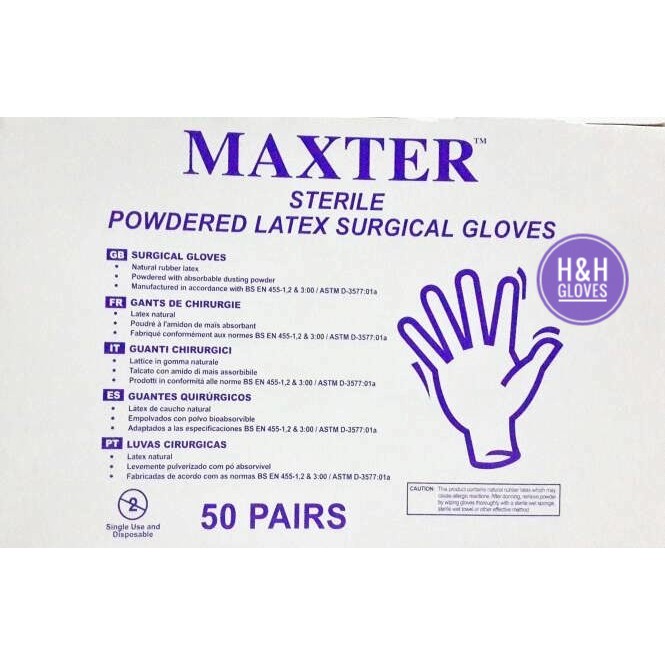 Sarung Tangan latex kesehatan / Gloves Maxter Steril / Handscoon Steril / Sarung Tangan Medis Murah / Sarung Tangan Latex Box / Sarung tangan karet latex murah Maxter Sterile Glove / Sarung Tangan Maxter Sterile Powder