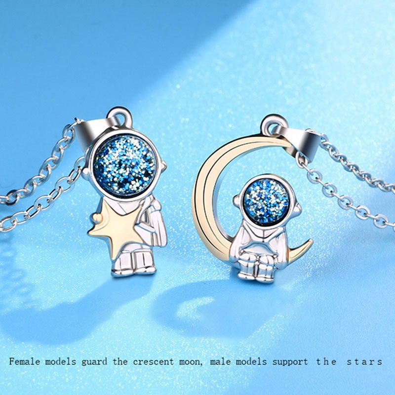 2Pcs New Personality Cute Astronaut Fashion Couple Pendant Necklace Hip Hop Style